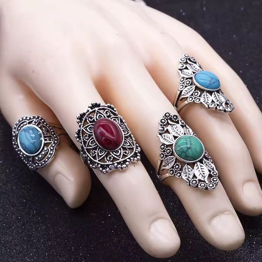 Bohemian Vintage Rings Set – Handcrafted Statement Pieces with Gemstone Accents