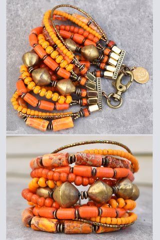 Handmade Tribal Beaded Bracelet – Sunset Orange Statement Wrap